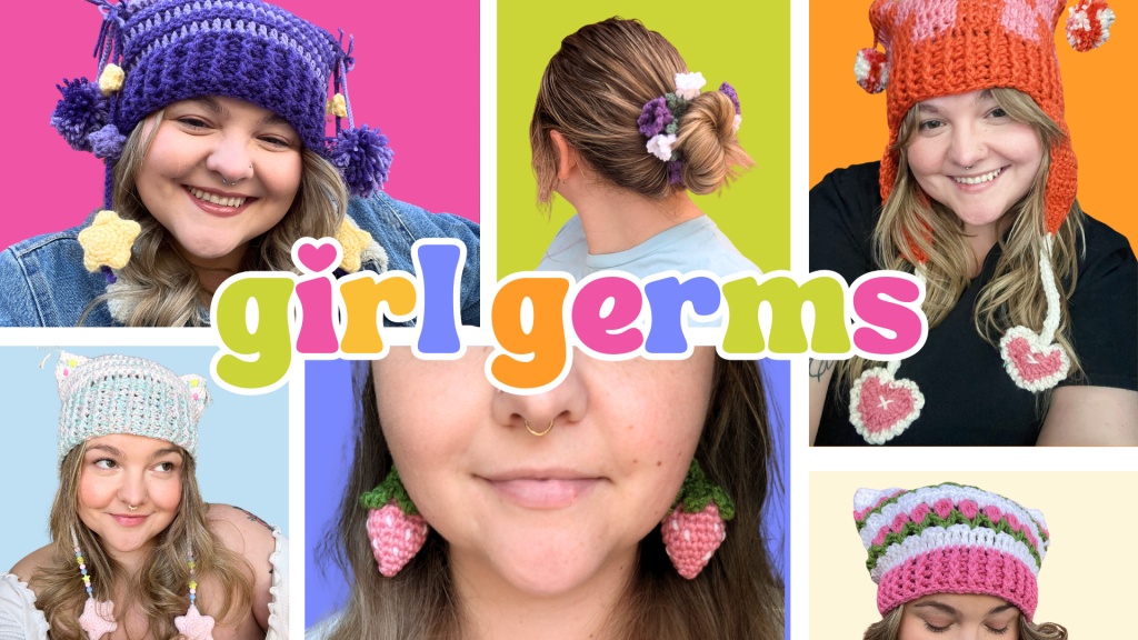 A vibrant collage showcasing colorful crochet accessories from Girl Germs. The central focus is the Girl Germs logo in playful, bold fonts with bright colors: yellow, orange, pink, purple, green, and blue. Surrounding the logo are photos of a smiling woman modeling various crochet pieces, including a purple hat with star-shaped tassels, an orange and pink hat with pom-poms, a pastel cat-ear beanie with dangling stars, strawberry-shaped earrings, a scrunchie holding a bun, and a pink and green scalloped hat. Each image is set against bold, high-contrast backgrounds in pink, yellow, blue, green, and orange.